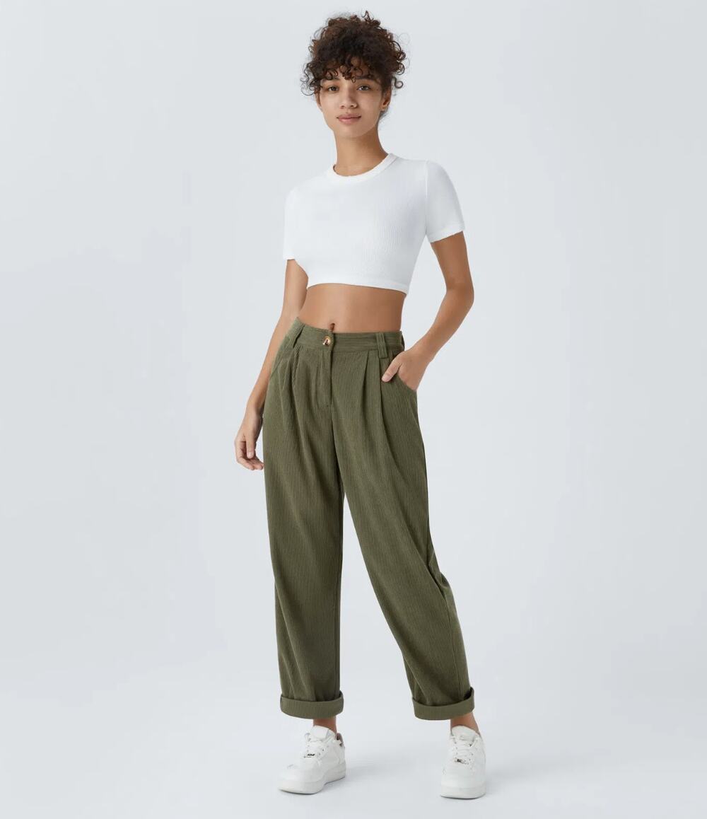 HALARA AuraCord Mid Rise Corduroy Pants Hazel Mist Green Sz LP NWT {3N20}